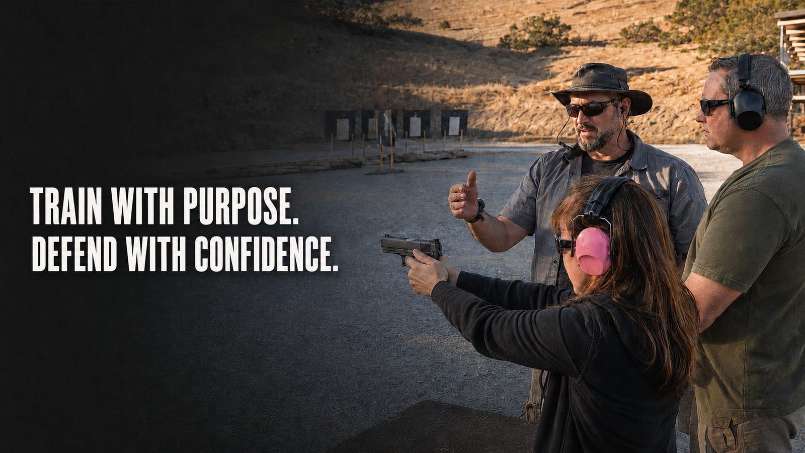Firearms instructor Chris Latam coaching two students during safe handgun training at an outdoor shooting range.