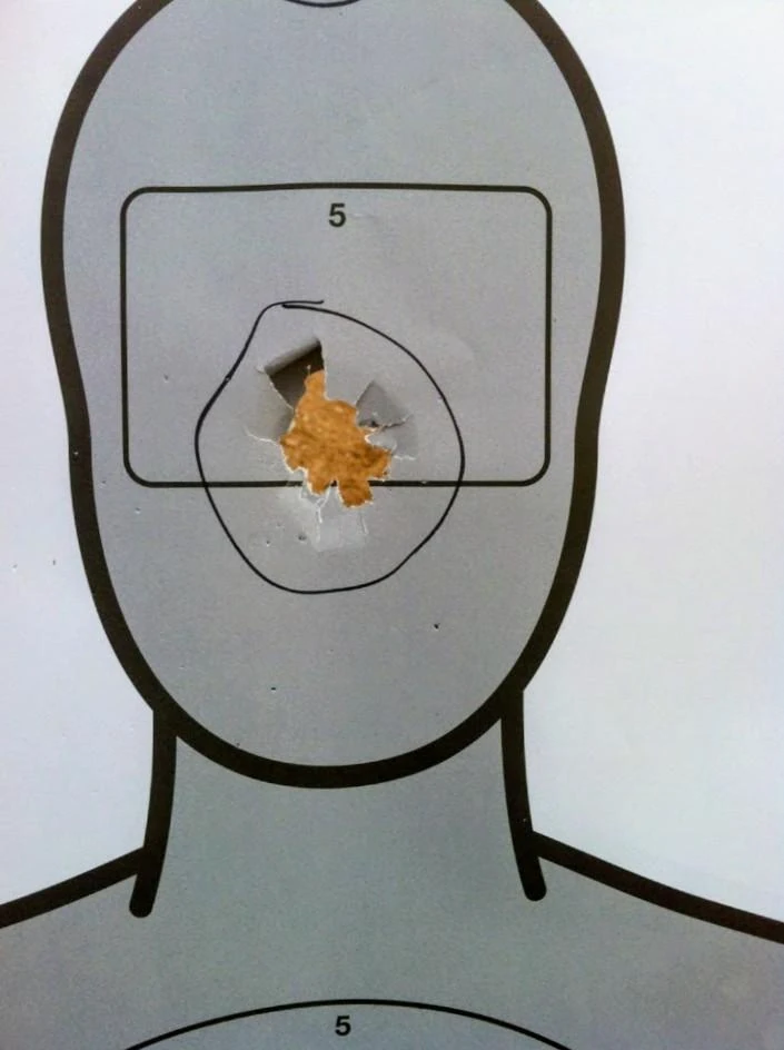 Target showing a 12-gauge slug impact from a Benelli M2 at 80 yards