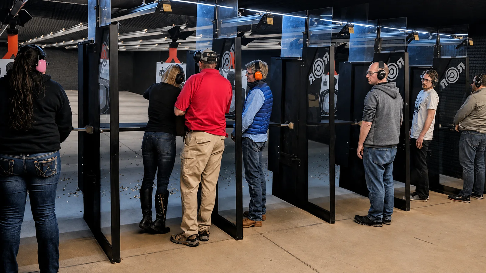 Students and instructors participating in firearms training at an indoor shooting range